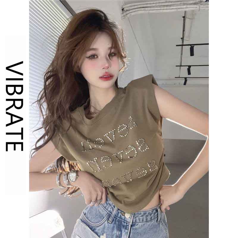VIBRATE設計感重工燙鑽字母無袖T恤女夏抽褶百搭氣質上衣ins韓
