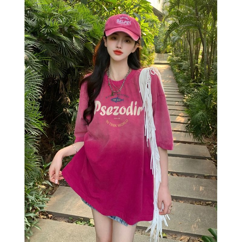 Summer new cotton gradient color short-sleeved T-shirt women's loose slim tops western style French lower body missing T-shirt tide