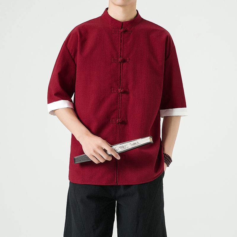 中式复古休闲盘扣唐装短袖衬衫中国风宽松大码茶服半袖禅修居士服 detail 18