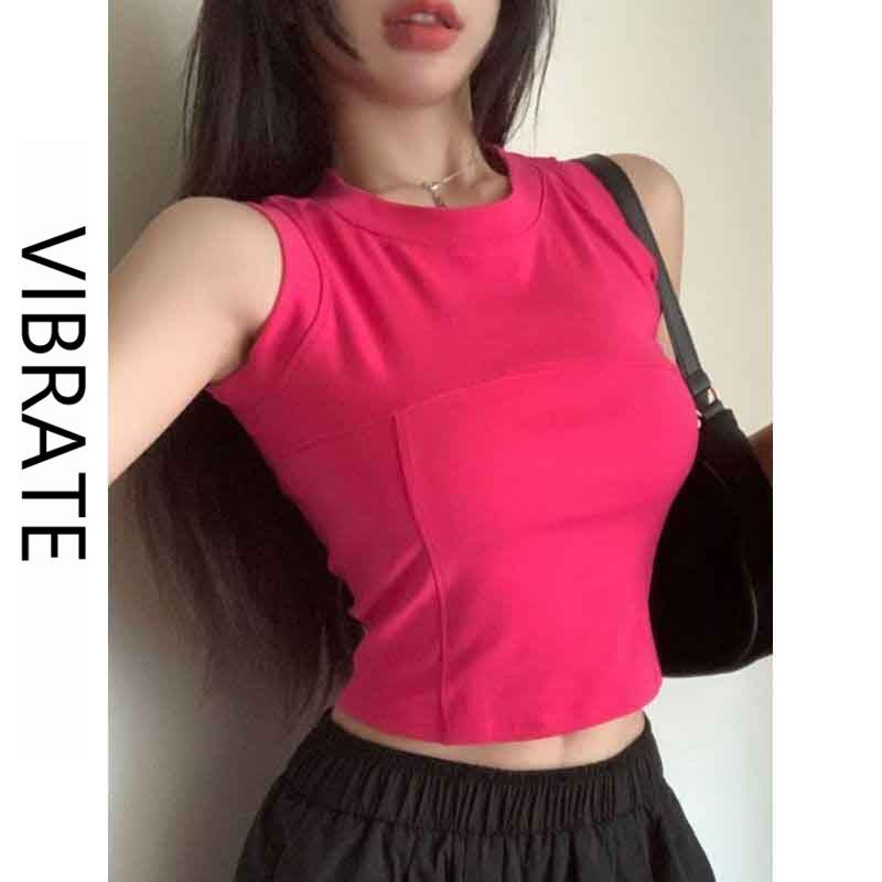VIBRATE韓版玫紅吊帶背心女夏季外穿修身顯瘦短款打底無袖上衣