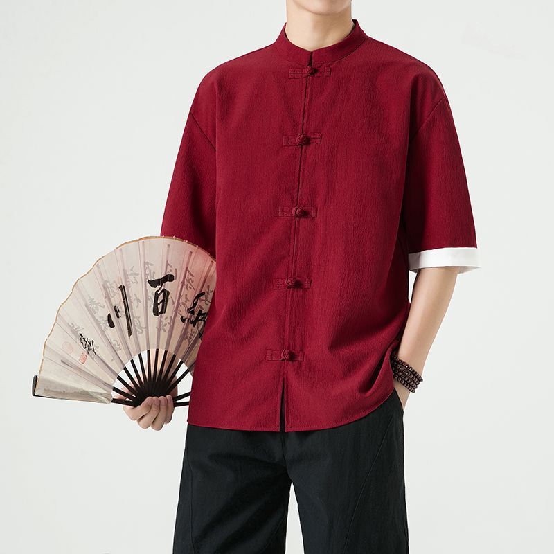 中式复古休闲盘扣唐装短袖衬衫中国风宽松大码茶服半袖禅修居士服 detail 17