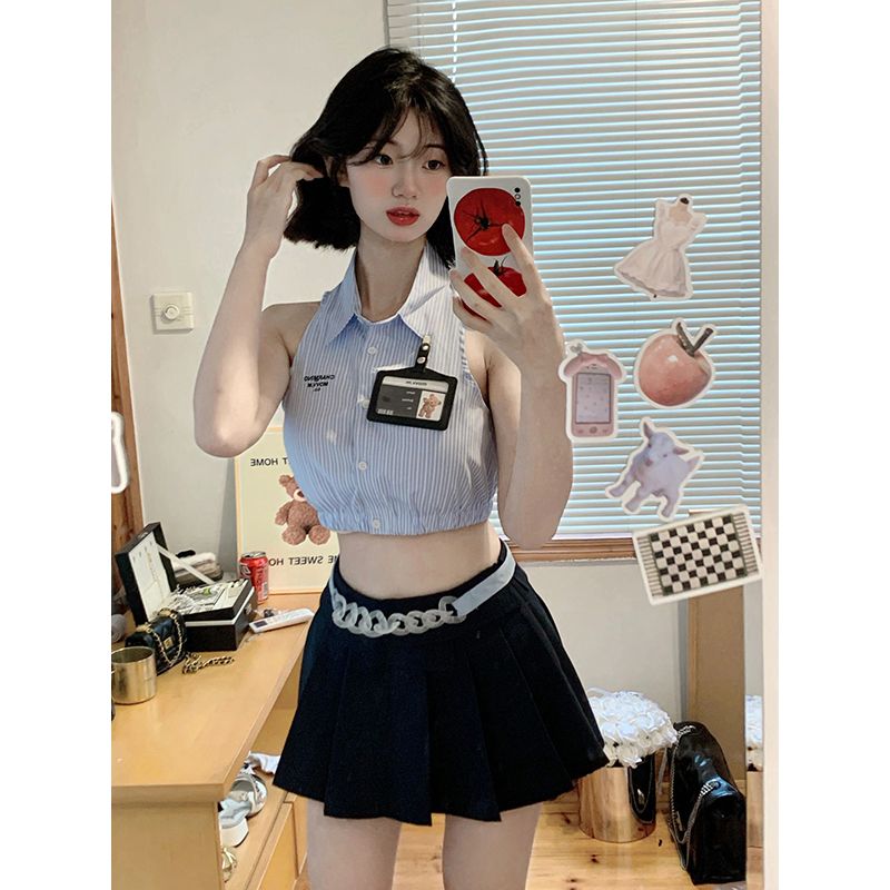 小眾設計女團風套裝女 學院風辣妹少女夏季襯衫百褶裙兩件套新款
