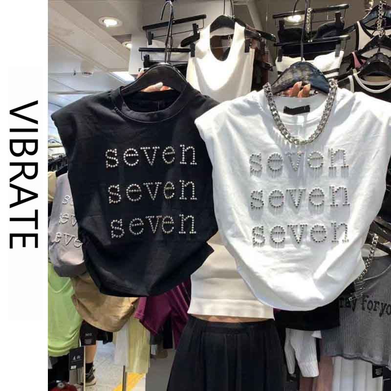 VIBRATE韓版夏季新款韓版字母無袖T恤短款褶皺辣妹背心上衣女潮