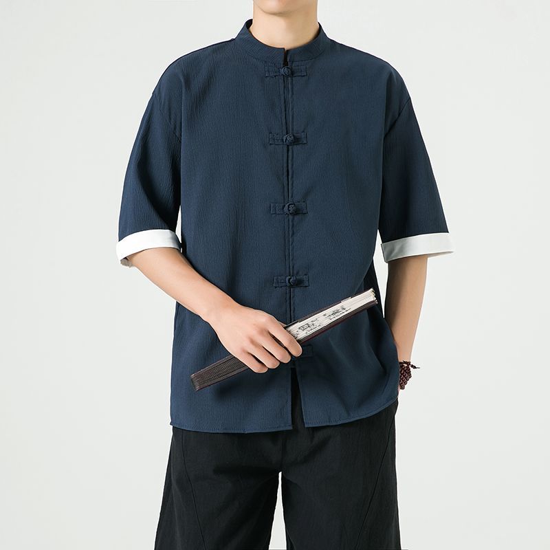 中式复古休闲盘扣唐装短袖衬衫中国风宽松大码茶服半袖禅修居士服 detail 22