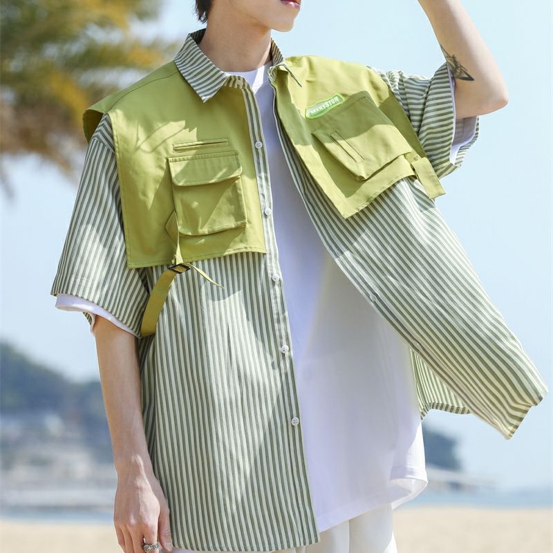 绿条纹假两件短袖衬衫男潮牌潮流夏季痞帅设计感小众工装衬衣外套