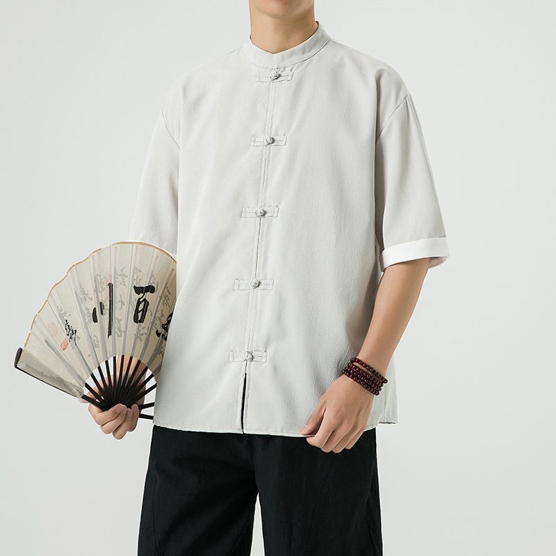 中式复古休闲盘扣唐装短袖衬衫中国风宽松大码茶服半袖禅修居士服 detail 7