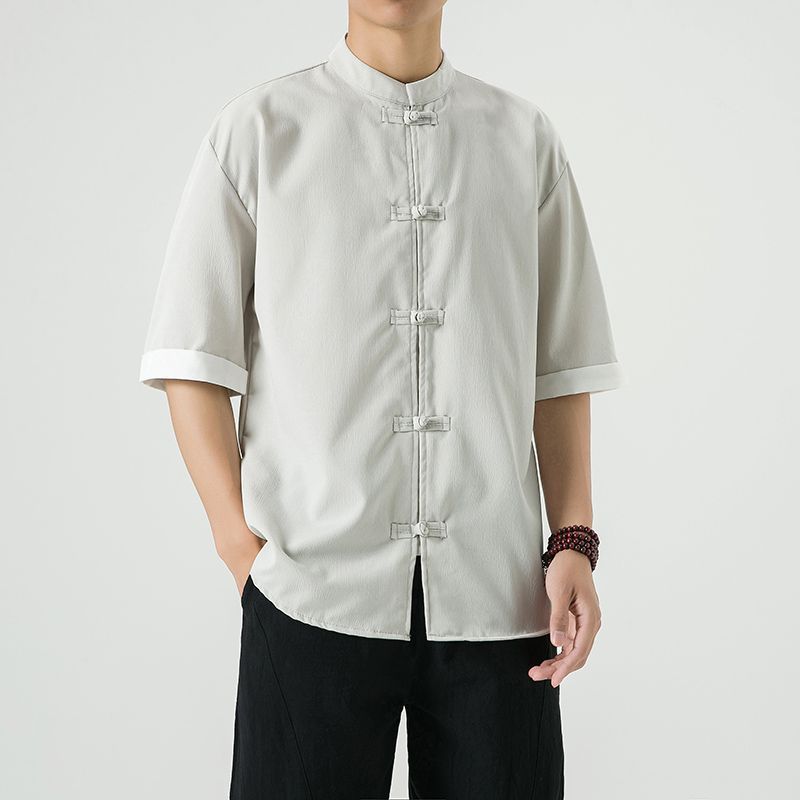 中式复古休闲盘扣唐装短袖衬衫中国风宽松大码茶服半袖禅修居士服 detail 10