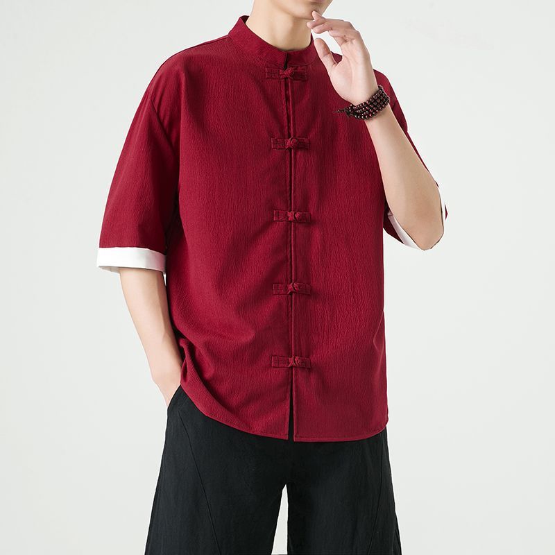 中式复古休闲盘扣唐装短袖衬衫中国风宽松大码茶服半袖禅修居士服 detail 20
