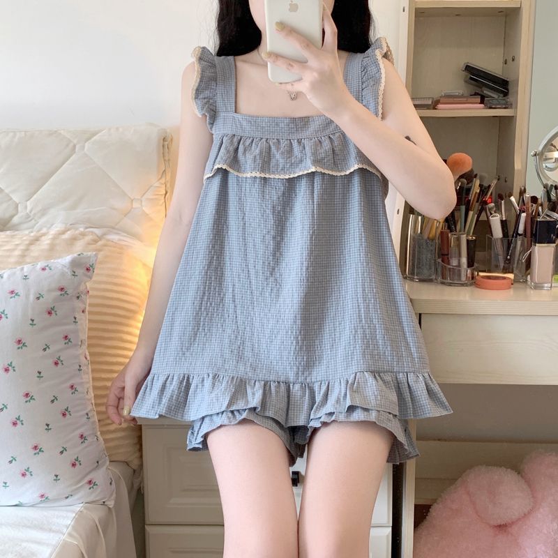純棉吊帶女睡衣夏季簡約背心可外穿家居服甜美寬鬆ins網紅兩件套