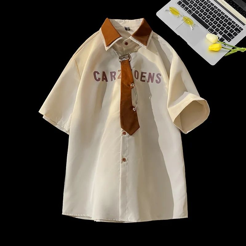学院风白色领带衬衫男高级感短袖小众双层领宽松设计感dk衬衣外套