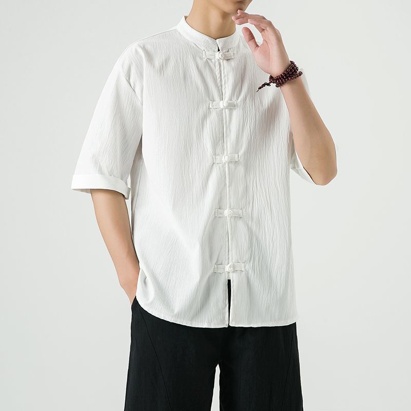 中式复古休闲盘扣唐装短袖衬衫中国风宽松大码茶服半袖禅修居士服 detail 4