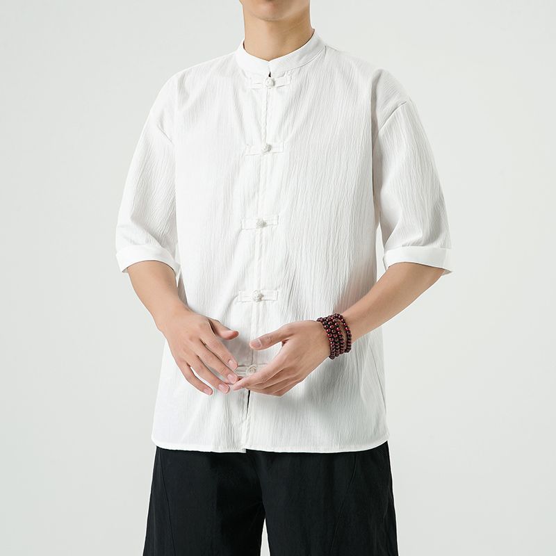 中式复古休闲盘扣唐装短袖衬衫中国风宽松大码茶服半袖禅修居士服 detail 5