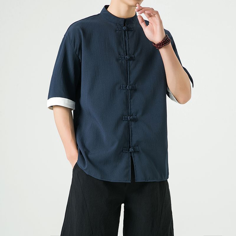 中式复古休闲盘扣唐装短袖衬衫中国风宽松大码茶服半袖禅修居士服 detail 25