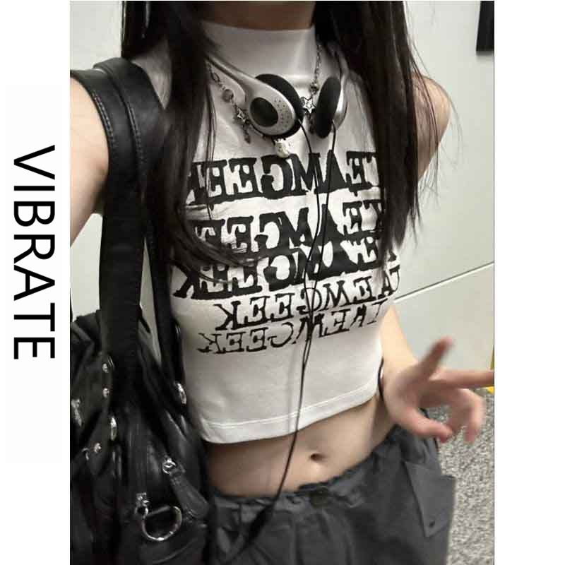 VIBRATE韓版夏季新款辣妹復古心機印花白色半高領短款背心女裝