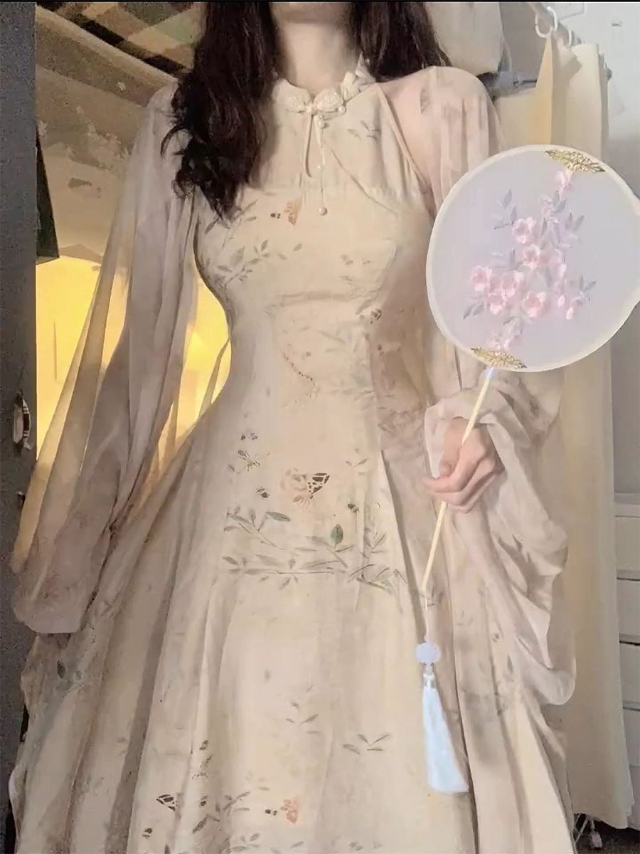 【品牌LALADUDU】胖mm新中式改良旗袍網紗連衣裙女夏禪意開衫套裝