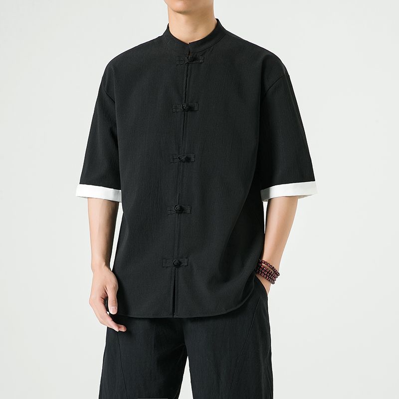 中式复古休闲盘扣唐装短袖衬衫中国风宽松大码茶服半袖禅修居士服 detail 1