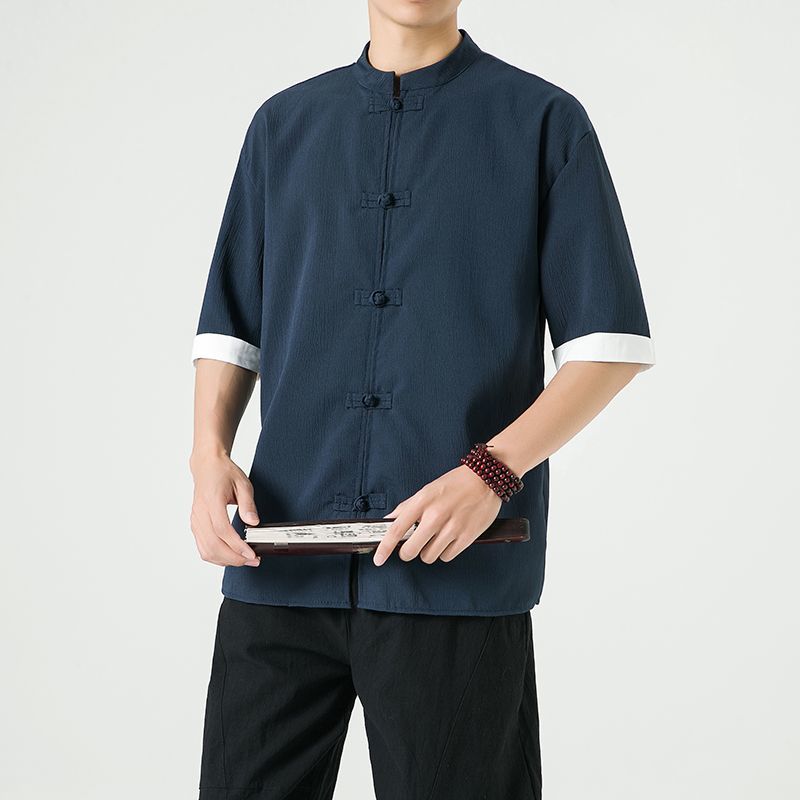 中式复古休闲盘扣唐装短袖衬衫中国风宽松大码茶服半袖禅修居士服 detail 23