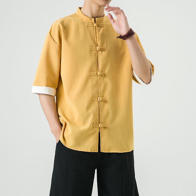 中式复古休闲盘扣唐装短袖衬衫中国风宽松大码茶服半袖禅修居士服 detail 14