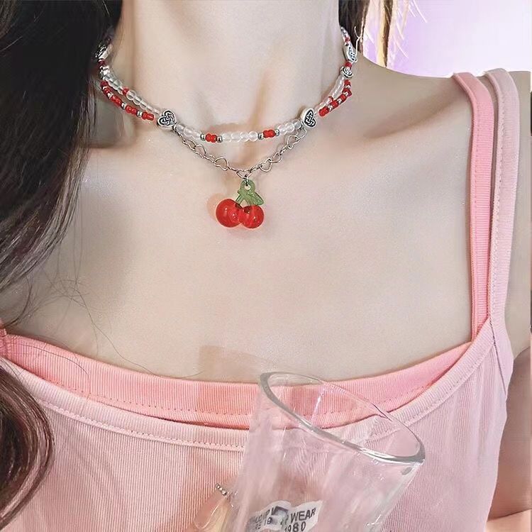 昭和少女小眾ins原創雙層鄰家女孩紅櫻桃夏鎖骨鏈少女心紅色項鍊