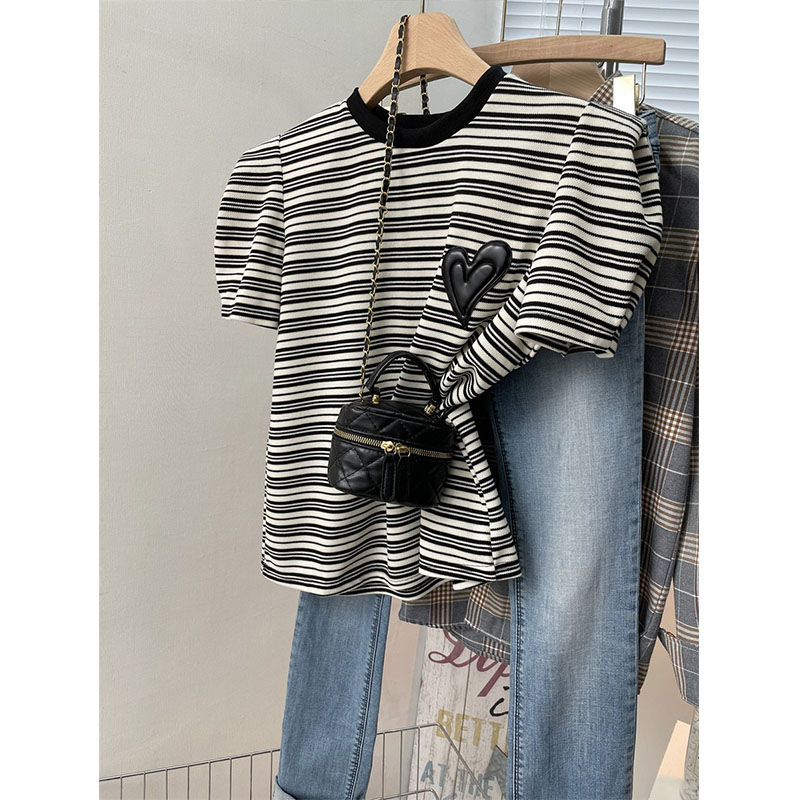 Summer new wrap collar shoulder pads striped shoulder design sense t-shirt women's short-sleeved thin T-shirt all-match top ins tide