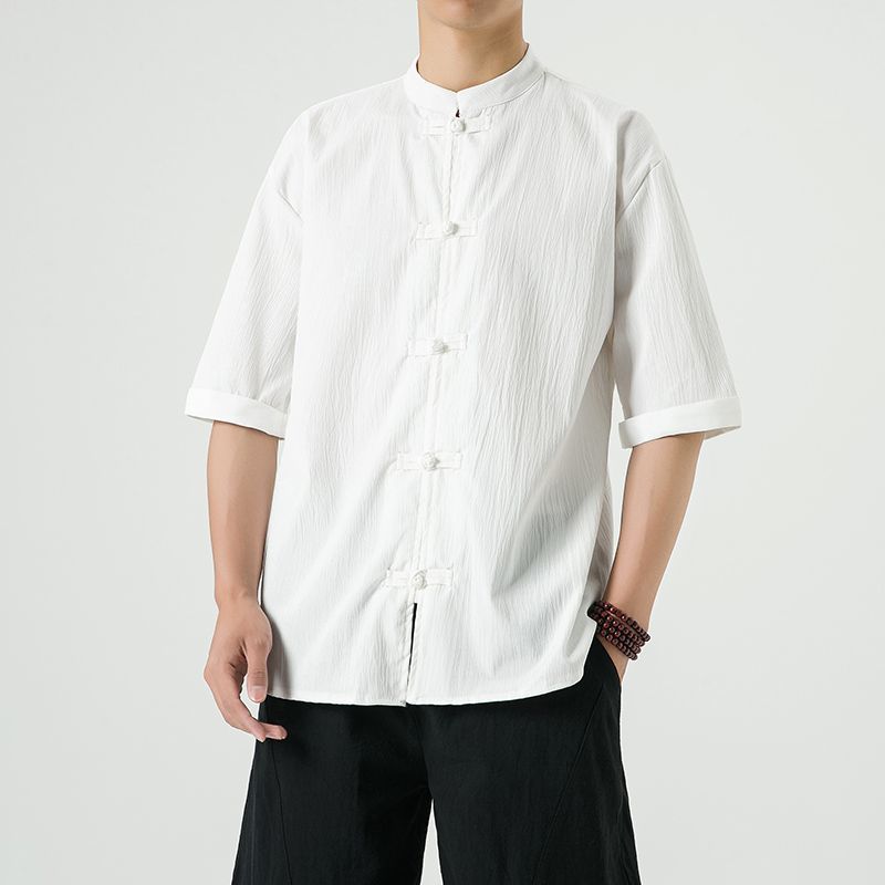 中式复古休闲盘扣唐装短袖衬衫中国风宽松大码茶服半袖禅修居士服 detail 6