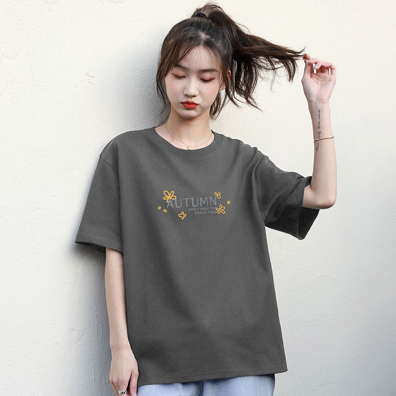 Gray T-shirt women's pure cotton half-sleeved loose Korean printing 2023 new student all-match short-sleeved top trendy ins