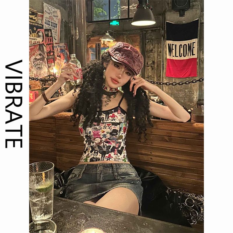 VIBRATE美式街頭甜酷辣妹設計感印花吊帶背心女夏季內搭短款上衣