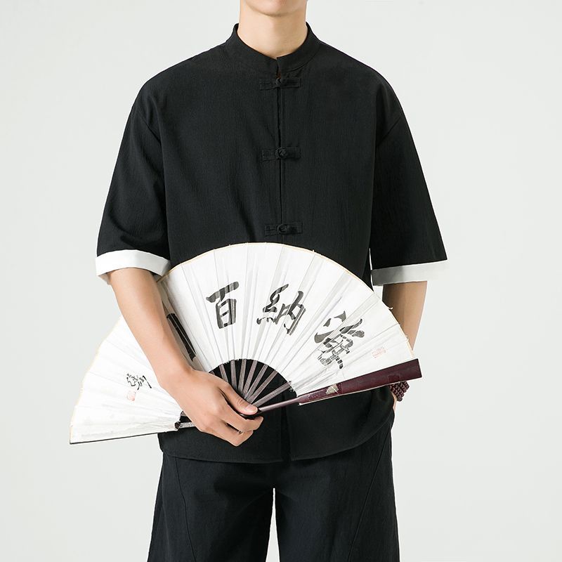 中式复古休闲盘扣唐装短袖衬衫中国风宽松大码茶服半袖禅修居士服 3