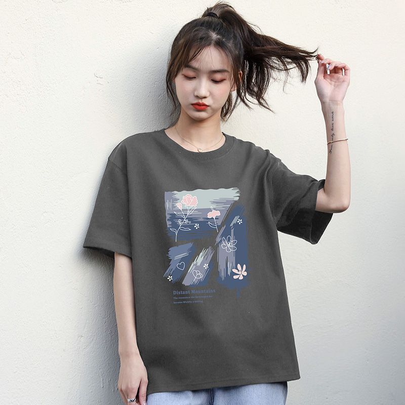 Gray t-shirt women's pure cotton short-sleeved summer student foreign style all-match half-sleeved thin top 2023 new trendy ins sweat