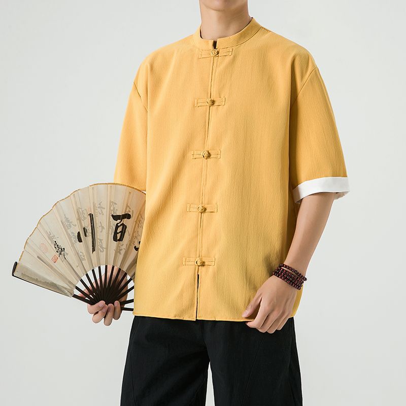 中式复古休闲盘扣唐装短袖衬衫中国风宽松大码茶服半袖禅修居士服 detail 12