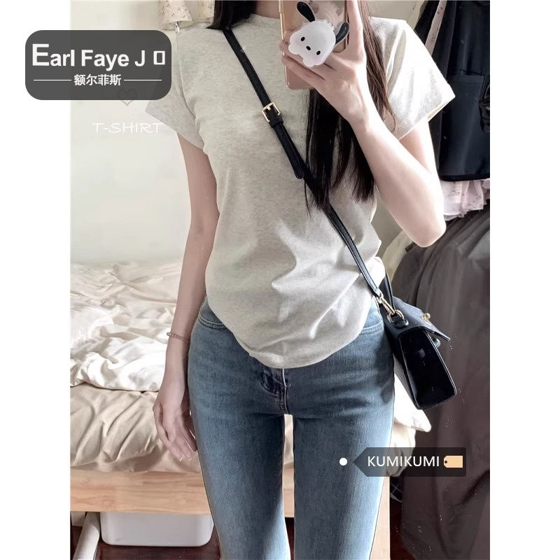[Positive shoulder pure cotton] Korean gray retro short-sleeved T-shirt women's summer slimming and thin bottoming jacket