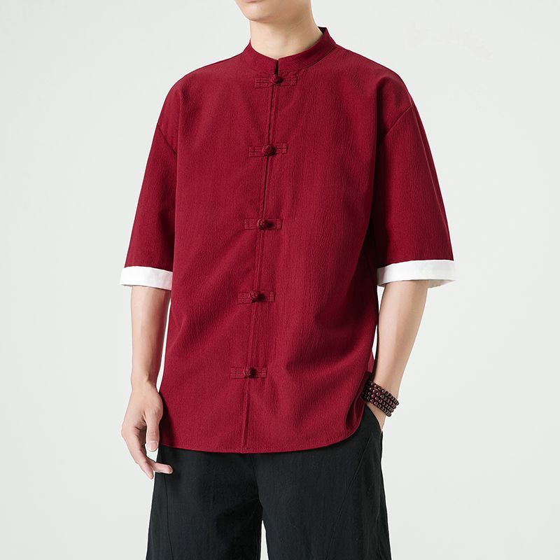 中式复古休闲盘扣唐装短袖衬衫中国风宽松大码茶服半袖禅修居士服 2