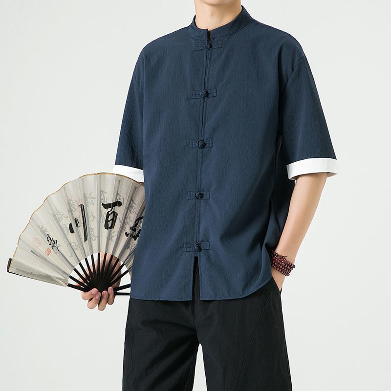 中式复古休闲盘扣唐装短袖衬衫中国风宽松大码茶服半袖禅修居士服 detail 21