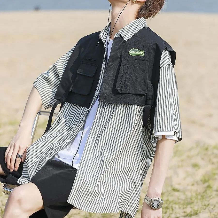 绿条纹假两件短袖衬衫男潮牌潮流夏季痞帅设计感小众工装衬衣外套