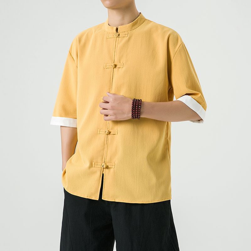 中式复古休闲盘扣唐装短袖衬衫中国风宽松大码茶服半袖禅修居士服 detail 15