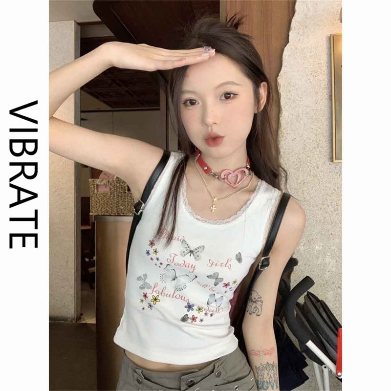 VIBRATE韓版蕾絲拼接蝴蝶印花美式辣妹甜心短款彈力工字背心吊帶
