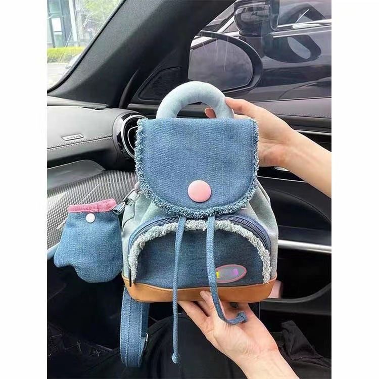 Donut Denim Button Backpack Cute Small School Bag Girls College Student Niche Backpack