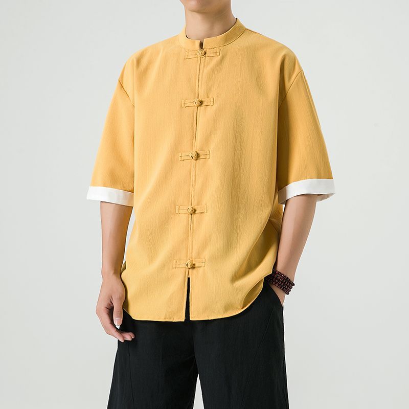 中式复古休闲盘扣唐装短袖衬衫中国风宽松大码茶服半袖禅修居士服 detail 16