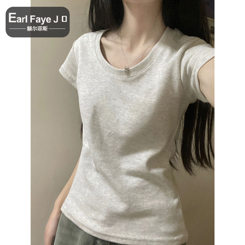 [Positive shoulder pure cotton] sweet girl style U-neck short-sleeved t-shirt women's summer slim and thin design sense niche short top