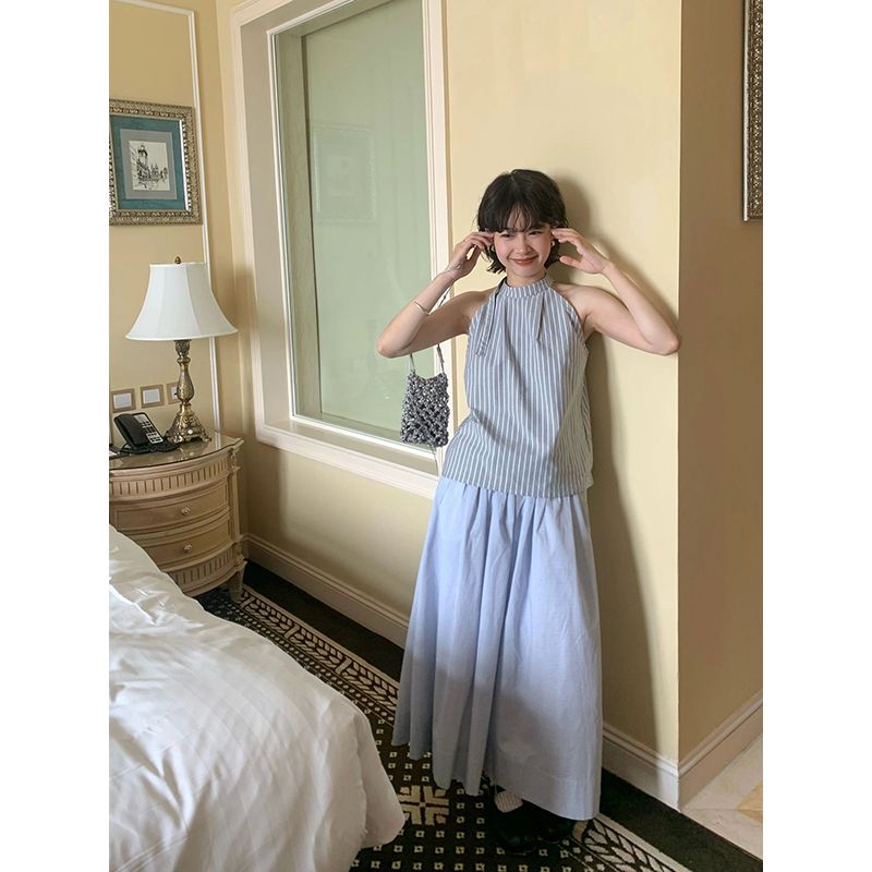 兩件套裝2023夏季新款氣質條紋掛脖吊帶背心女顯瘦上衣+半身長裙