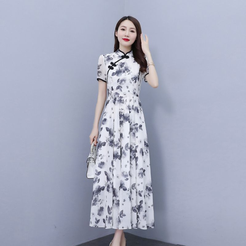 高檔雪紡連衣裙女2023新款夏季新中式改良旗袍中國風復古碎花長裙