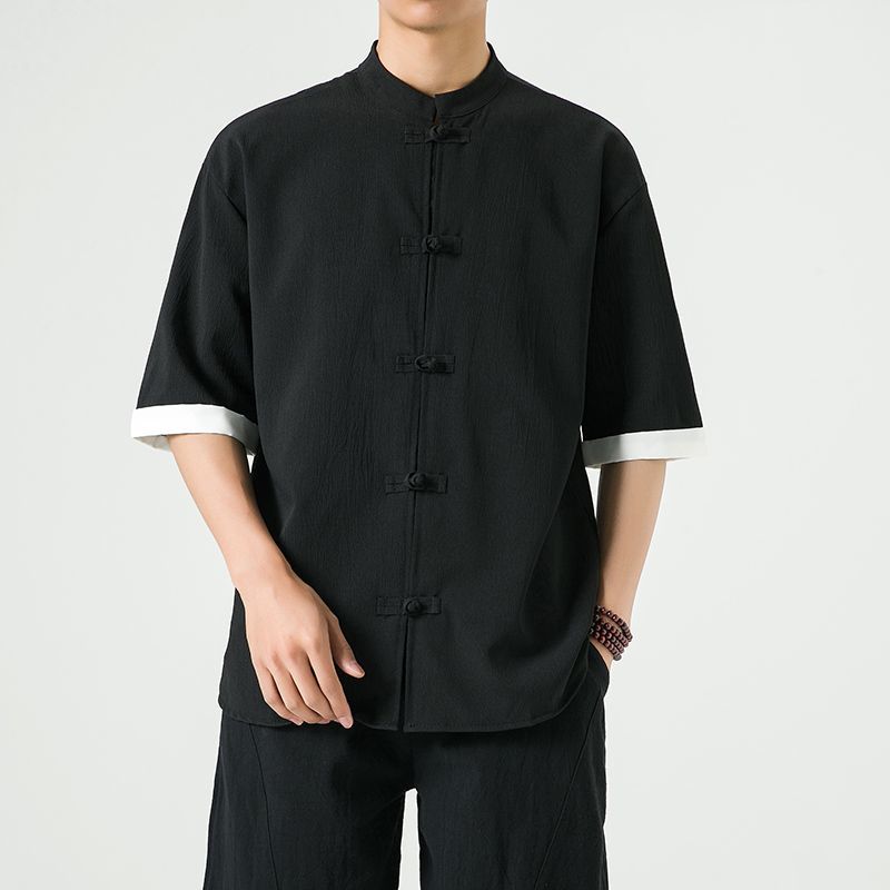 中式复古休闲盘扣唐装短袖衬衫中国风宽松大码茶服半袖禅修居士服 5