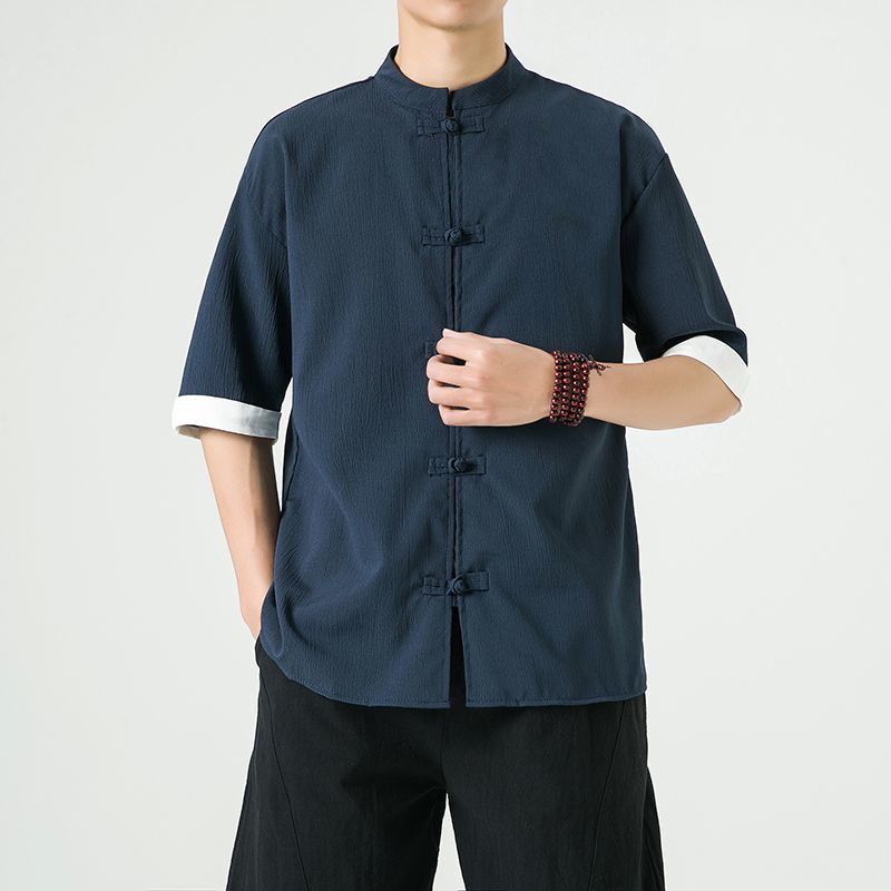 中式复古休闲盘扣唐装短袖衬衫中国风宽松大码茶服半袖禅修居士服 detail 24