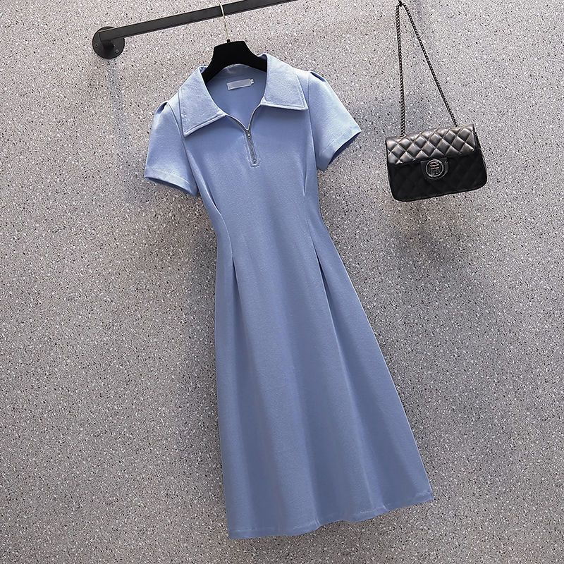 Fishtail collar dress slightly fat mm summer new A-line skirt female waist slimming polo collar shirt ladies skirt