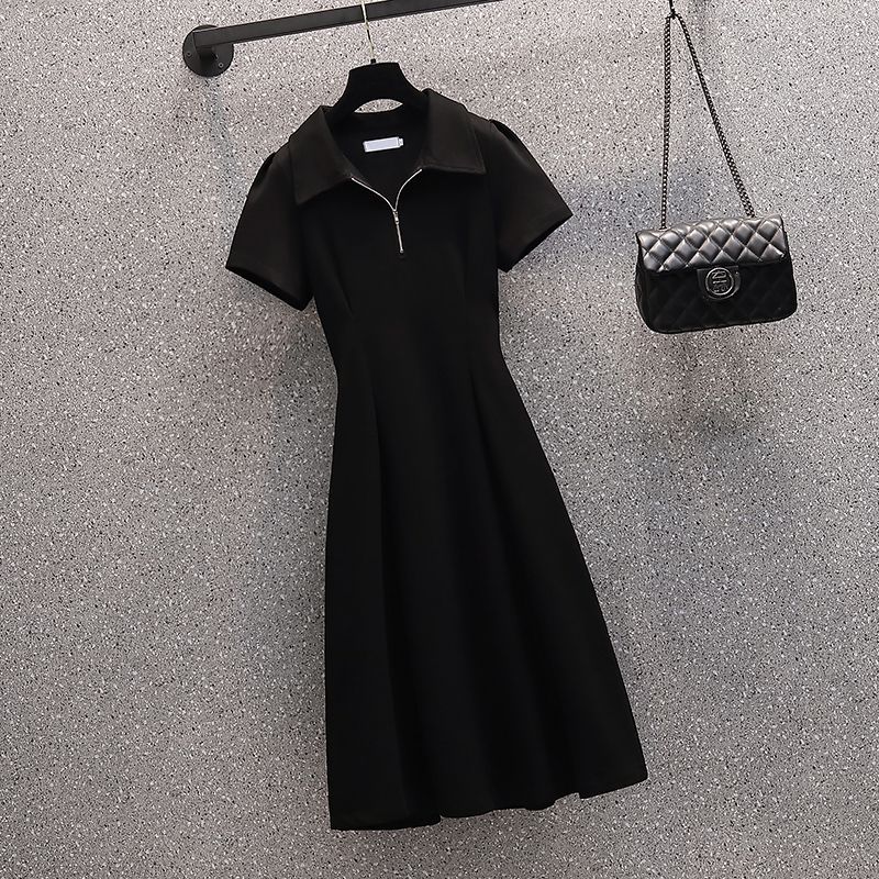 Fishtail collar dress slightly fat mm summer new A-line skirt female waist slimming polo collar shirt ladies skirt