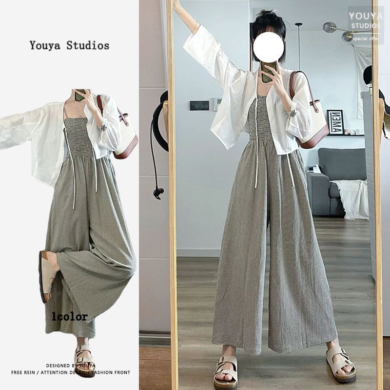Chic and high-end plaid overalls for women, summer slimming wide-leg tube top jumpsuit for women for small people