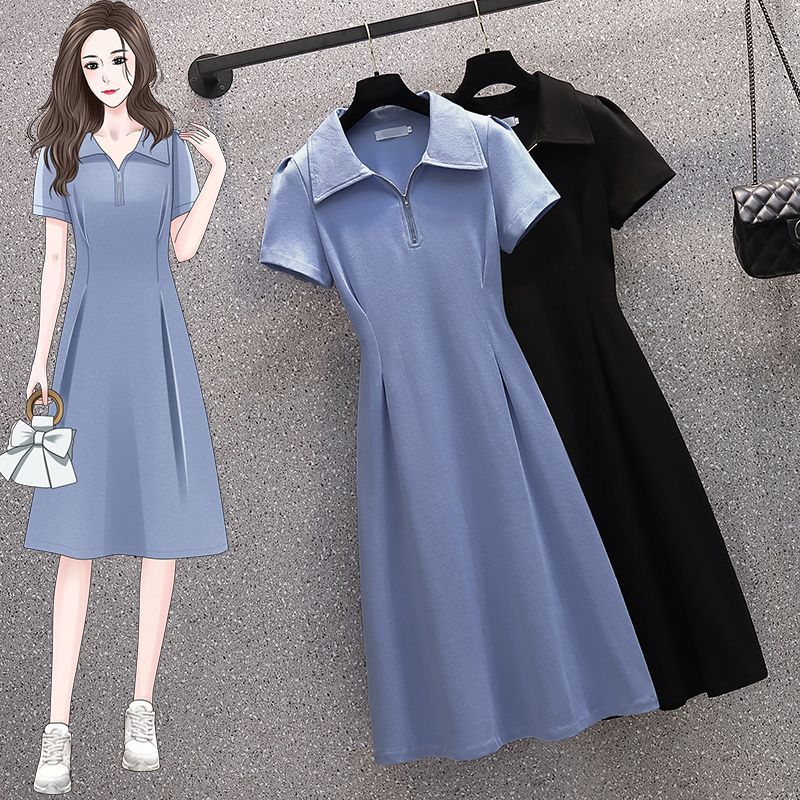 Fishtail collar dress slightly fat mm summer new A-line skirt female waist slimming polo collar shirt ladies skirt