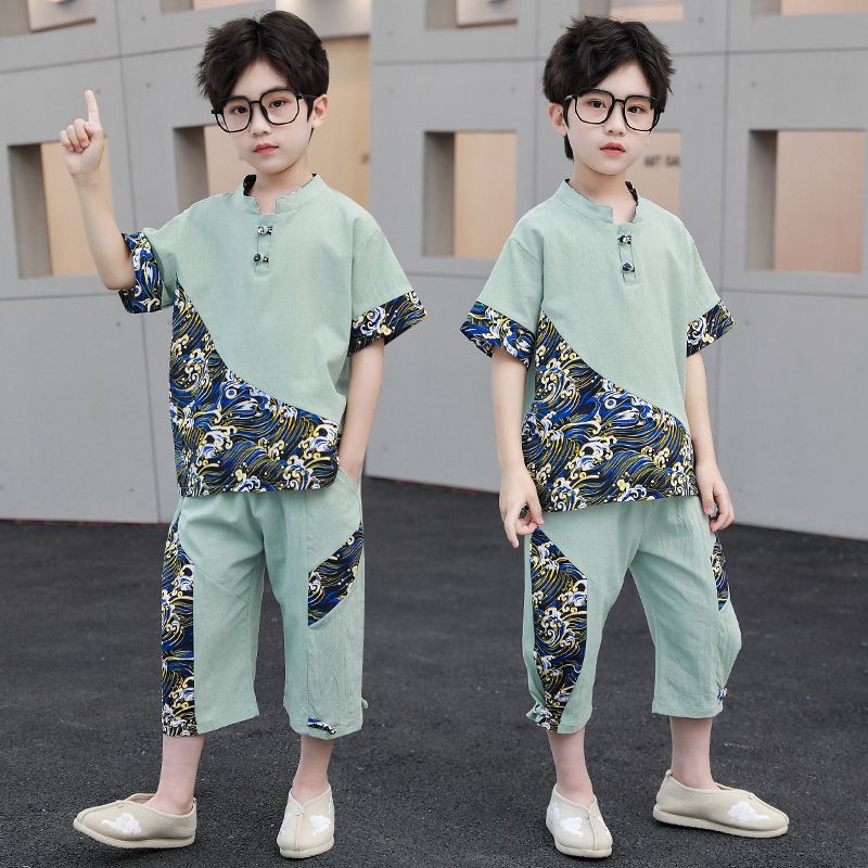 童装男童夏装套装新款儿童洋气夏季帅气棉麻短袖两件套中国风