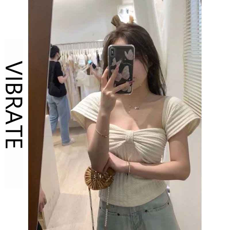 VIBRATE韓版修身顯瘦一字肩上衣蝴蝶結法式設計感小眾t恤女夏季