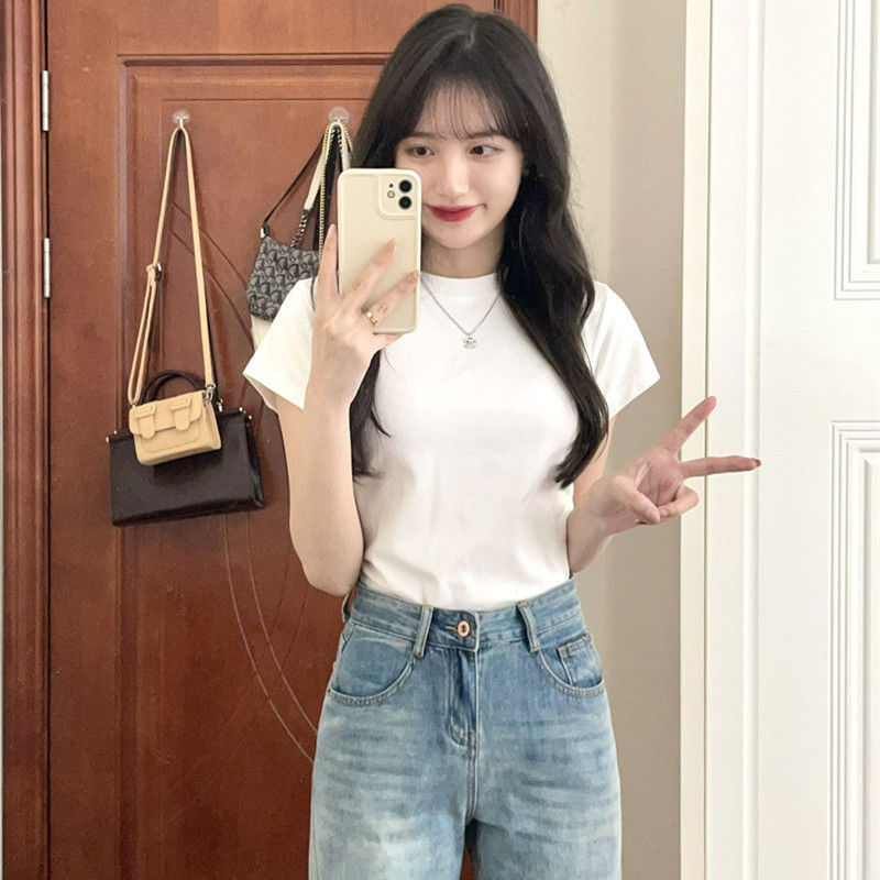 High-quality pure cotton slim-fit short-sleeved t-shirt women's summer new all-match round neck tight-fitting letters pure desire wind t-shirt ins